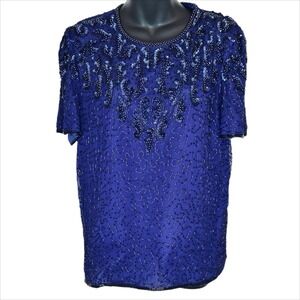 Vintage Mark & John by Sam Silk Beaded Sequin Top Medium Blue Purple Formal FLAW